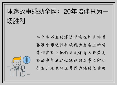 球迷故事感动全网：20年陪伴只为一场胜利