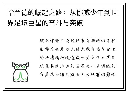 哈兰德的崛起之路：从挪威少年到世界足坛巨星的奋斗与突破